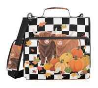 Hello Fall Autumn Cow Pumpkin Black Check 3 Rings Zip Up Binder with Shoulder Strap Multi-Pocket Portfolio Binder for Middle School