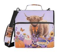 Hello Fall Autumn Cow Pumpkin Flower 1.5 Inch 3 Rings Zipper Binder with Handle and Removable Shoulder Strap Includes Zip Pocket Document Organizer Bag for Middle Student