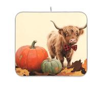 Hello Fall Autumn Highland Cattle Pumpkin Drying Dish mat Reusable Rectangle Small Dish Drainer mat 16x18 Easy Clean Decorative Home Decor Essentials