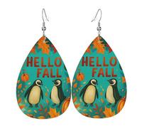 Hello Fall, Autumn Penguin And Pumpkin Leather Earring Printed Dangle Earrings Lightweight Ear Pendants For Party Women