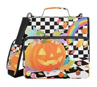 Hello Fall Autumn Pumpkin Checkered Plaid 1.5-Inch 3-Rings Binder Organizer with Shoulder Strap & Handle Waterproof Document Organizer Bag Suitable for Middle School