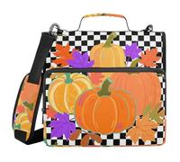 Hello Fall Autumn Pumpkin Checkered Plaid 1.5 Inch 3 Rings Sturdy Zipper Binder with Strap Waterproof Zippered Portfolio for School