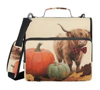 Hello Fall Autumn Pumpkin Highland Cattle 3 Rings Binder Zipper with Shoulder Strap & Handle Multi-Pocket School Supplies Organizer for Middle Student