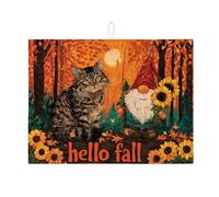 Hello Fall Dish Drying Mats For Kitchen Counter, Autumn Cat Gnome Absorbent Dish Drainer Rack Mat, Cozy Microfiber Drying Pad For Kitchen Counter Coffee Bar Protector 18x24 Inch