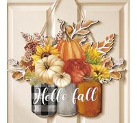 Hello Fall Door Sign Fall Pumpkin Hanging Door Decor Thanksgiving Wooden Sign Autumn Door Decorations Pumpkin Maple Leaves Door Hanger for Outdoor Farmhouse Porch Front Home Door