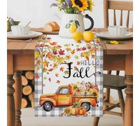 Hello Fall Farm Sunflowers Pumpkins Table Runner 36 Inches Long, Maple Leaf Plaid Washable Table Runners Heat-Insulation Kitchen Dining Table Decorations for Home Party Decor 13x36in