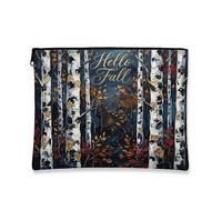 Hello Fall Makeup Bag, Artistic Birch Tree Cosmetic Travel Pouch for Women, Portable Canvas Zipper Organizer, Autumn Skincare Toiletry Bag 7x9 Inch