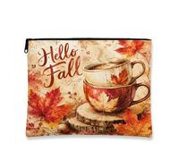 Hello Fall Makeup Bag, Rustic Vintage Autumn Cosmetic Travel Pouch for Women, Portable Canvas Zipper Organizer, Seasonal Fall Skincare Toiletry Bag, Orange, 7x9 Inch, Fall