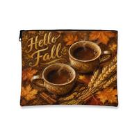 Hello Fall Makeup Bag, Rustic Vintage Coffee Cups Cosmetic Travel Pouch for Women, Portable Canvas Zipper Organizer, Autumn Skincare Toiletry Bag, Brown, 7x9 Inch, Fall