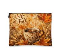 Hello Fall Makeup Bag, Vintage Rustic Coffee Cup Cosmetic Travel Pouch for Women, Portable Canvas Zipper Organizer, Autumn Skincare Toiletry Bag, Brown, 7x9 Inch, Fall