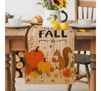 Hello Fall Pumpkin Squirrel Table Runner 70 Inches Long, Maple Leaves on Farm Wood Washable Table Runners Heat-Insulation Kitchen Dining Table Decorations for Home Party Decor 13x70in