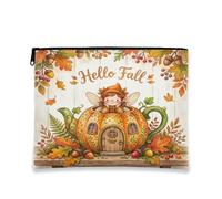 Hello Fall Pumpkins Makeup Bag, Fanciful Vintage Cosmetic Travel Pouch for Women, Portable Canvas Zipper Organizer, Autumn Skincare Toiletry Bag, Orange, 7x9 Inch, Pumpkins