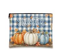 Hello Fall Pumpkins Quote Pumpkins Autumn Makeup Bag 7x9 Inch | Watercolor Pumpkins print, Makeup Zipper Pouch, Buffalo plaid pattern, Harvest season aesthetic, Zippered organization
