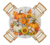 Hello Fall Round Fitted Table Cover Waterproof Aesthetic Thanksgiving Pumpkin Sunflower Cotton Flower Elastic Edged Tablecloth Wipeable Oil Proof Table Cloth for Kitchen Indoor Outdoor, Fits 36"-44"