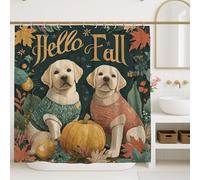 Hello Fall Shower Curtain, Autumn Orange Yellow Pumpkin Leaves Bath Decor, Cozy Warm Rustic Stylish Fabric Curtain with Hooks, Perfect for Bathroom, Season Decor 72x72 Inch