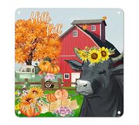 Hello Fall Sign Cow with Sunflower Metal Sign Pumpkin Barn Farm Truck Tin Sign Autumn Decorations Thanksgiving Gift Country Style Farmhouse Decor for Kitchen Bathroom Bedroom Porch Office Bar 12x12in
