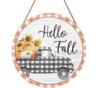 Hello Fall Sign for House Fall Autumn Truck Hanging Door Rustic Thanksgiving Harvest Decorative Home Office Farmhouse Yard Garden Synthetic Round Wood Sign 12 x 12 inch