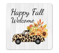 Hello Fall Sign Leopard Farm Truck Metal Sign Pumpkin Sunflower Maple Leaf Tin Sign Fall Wall Decor Thanksgiving Gift Country Style Farmhouse Decor for Kitchen Bathroom Bedroom Porch 12x12in