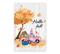 Hello Fall Sign Pink Farm Truck Metal Sign Pumpkin Gnome Maple Leaf Tin Sign Thanksgiving Hanging Sign Novelty Tiered Tray Decor for Farmhouse Home Kitchen Fireplace 12x8in