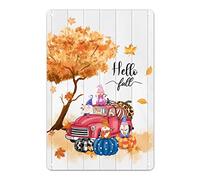 Hello Fall Sign Red Farm Truck Metal Sign Pumpkin Gnome Maple Leaf Tin Sign Thanksgiving Hanging Sign Novelty Tiered Tray Decor for Farmhouse Home Kitchen Fireplace 12x8in