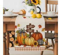 Hello Fall Words Autumn Pumpkins Table Runner 70 Inches Long, Maple Leaves Plaid Washable Table Runners Heat-Insulation Kitchen Dining Table Decorations for Home Party Decor 13x70in