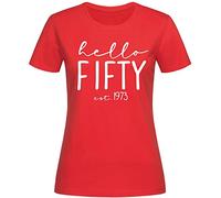 Hello Fifty, 50th Birthday T-Shirt Gifts for Women, Vintage Year Present for Her with Personalised Text Colour. (Size M, Red)
