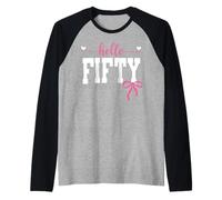 Hello Fifty Est 1975 Coquette Bow 50th Birthday Girl Raglan Baseball Tee
