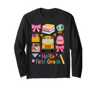 Hello First Grade Back to School Bus Backpack Teacher Girl Long Sleeve T-Shirt