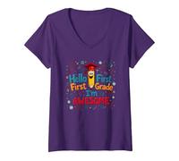 Hello First Grade I'm Awesome School Celebration V-Neck T-Shirt, Women, Purple, M