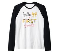 Hello First Grade Pencil Heart Bow Design Raglan Baseball Tee