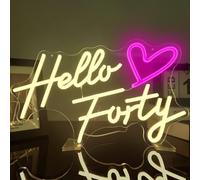 Hello Forty Neon Signs for Wall Decor Neon Wall Art Acrylic LED Lights with Hanging Chain Light Up for Bedroom Decor Man Cave Bar Pub graduate Wedding Party 5V USB Powered Dimmable