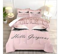 Hello Gorgeou Double Duvet Rose Gold Glitter Eyelashes Double Quilt 7.5 Tog Lightweight Soft Comforter Set, All Seasons Reversible Coverless Microfiber Duvet with 2 Pillowcases Machine Washable L165