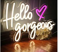 Hello Gorgeous Neon Signs White LED Light Hello Beautiful Wall Art Gift for Home Decoration Wedding Birthday Backdrop Bacelorette Party Wth Dimmable Switch(5V,16.5X11inches)