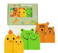 Hello Hippo® 6-Pack Kids & Baby Wash Mitts - 3 Soft Towelling Mitts for Parents + 3 for Children - Cute Animal Bath Mitts - Tiger, Chick, Frog - Reusable & Machine Washable