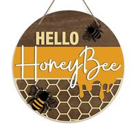 Hello Honey Bee Welcome Door Sign, Bumble Bee Decor Wall Plaque,Home Office Farmhouse Yard Garden Synthetic Round Wood Sign 12 x 12 inch