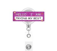 Hello I'm Trying My Best Badge Reel for Nursing CNA RN Medical Assistant Nurse & Teacher,Cute Purple Glitter Badge Holder Retractable Clip ID Name Tag