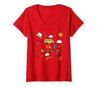 Hello Kindergarten Boys School Adventure Cheerful Learning V-Neck T-Shirt, Women, Red, S