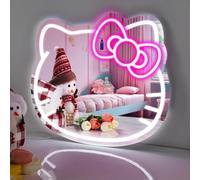 Hello Kit Vanity Mirror with Neon Light 16 x 14inch Large Size, LED Adjustable Brightness USB Powered, Pink Bow, Girl Room Decor, Wall Mounted, Women Makeup for Bedroom