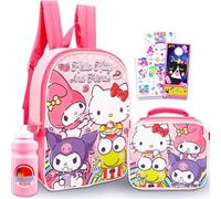 Hello Kitty and Friends Backpack and Lunch Bag - Bundle with 16” Sanrio Backpack Featuring Hello Kitty, My Melody, Kuromi, Lunch Box, Water Bottle, Tattoos, More | Sanrio School Bag Set