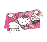 Hello Kitty and Friends Girls' Pencil Case - 3 Compartments with Zip, Pink, 100% Durable Polyester, School Organizer for Pencils and Materials, Official Licensed