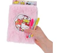 Hello Kitty and Friends Pink Fluffy Diary Set - 3 Piece Kawaii Journal Gift for Kids with Soft Plush Notebook, Mini Gel Pens and Stickers - Cute Secret Writing Diary for Girls 21cm