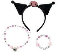 Kuromi Girls Hello Kitty 3 Piece Ear Headband, Beaded Necklace and Bracelet Dress up Set for Kids Ages 2-8
