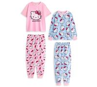 Hello Kitty Girls Pyjama Set Pack of 2 | Kids Blue & Pink Kitty White Graphic Short Sleeve Top & Long Leg PJ Bottoms | Childrens Kitten Character All Over Print Nightwear | Sanrio Cartoon Merchandise