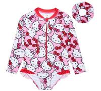 Hello Kitty Girls Swimming Costume Long Sleeve Kawaii Swimsuit with Hair Scrunchie One Piece for Kids Teens Swimwear for Pool Beach Holiday Essentials (4-5 Years, Pink)