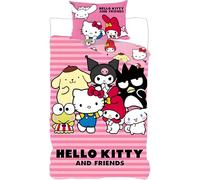 Hello Kitty Kids Bedding Set | Duvet Cover 140x200 cm + Pillowcase 50x70 cm, 100% Cotton | Official Sanrio Soft Breathable Children’s Bed Linen | Cute Hello Kitty Bedroom Set, Kitty & Friends - Pink