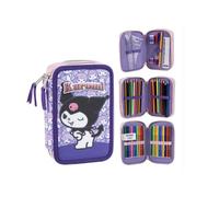 Hello Kitty Kuromi Girl and Boy Double Pencil Case with Accessories, 3 Compartments with Zip and Stationery Set, Purple, One Size, Back to School