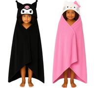 Hello Kitty Kuromi Hooded Wrap Blanket - Black/Pink Fleece Blanket with Novelty 3D Hood & Pompom - Cosy Wearable Throw - Size 120x150cm (Pink, 120 x 150cm)