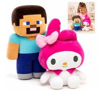 Hello Kitty My Melody & Minecraft Steve Soft Plush Toy Set, 30cm Cute Bunny & Gaming Character Stuffed Teddy Bundle for Kids, Boys & Girls