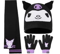 Hello Kitty Sanrio Winter Accessories for Girls, One Size Warm Winter Gloves Beanie Hat & Scarf 2 or 3 Pcs Set, Girls Gifts (Black Kuromi 3 Pcs)