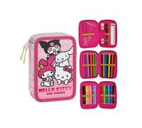 Hello Kitty Triple Pencil Case for Girls One Size - Pink School Pencil Case with Accessories, 3 Compartments with Zip, Stationery Set Back to School Official Licence